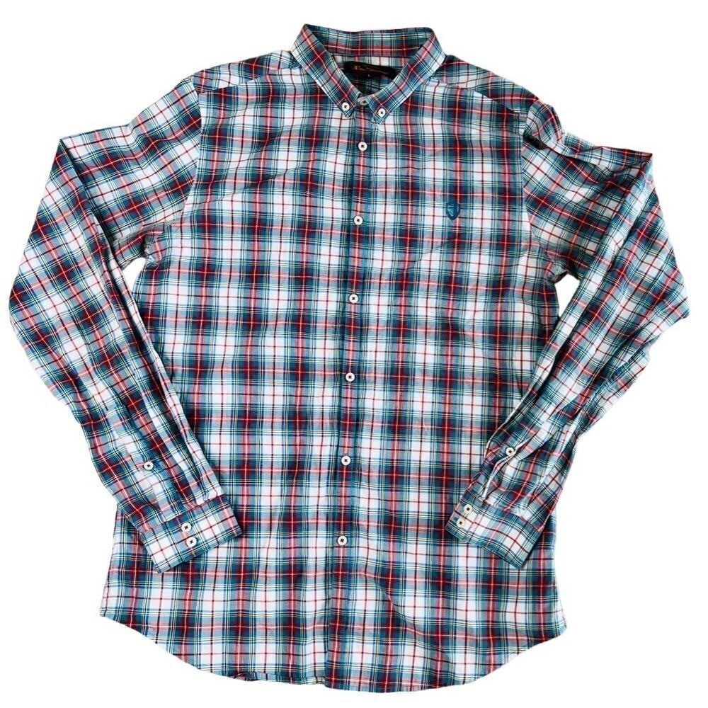 Ben Sherman Blue Red Plaid Button Down Collared Shirt LARGE Preppy Corporate‎